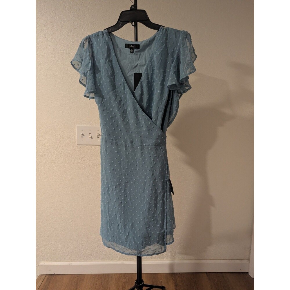 Lulus Slate Blue Much to Celebrate Flutter Sleeve Swiss Dot Wrap Dress size xl
